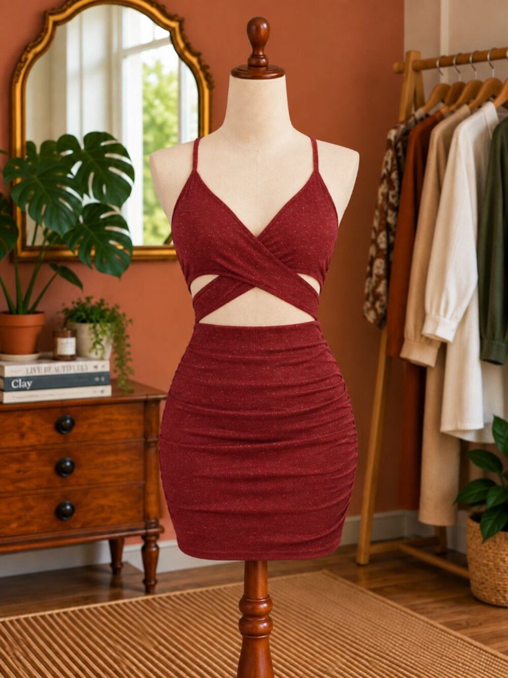 Burgundy Cutout Bodycon Dress